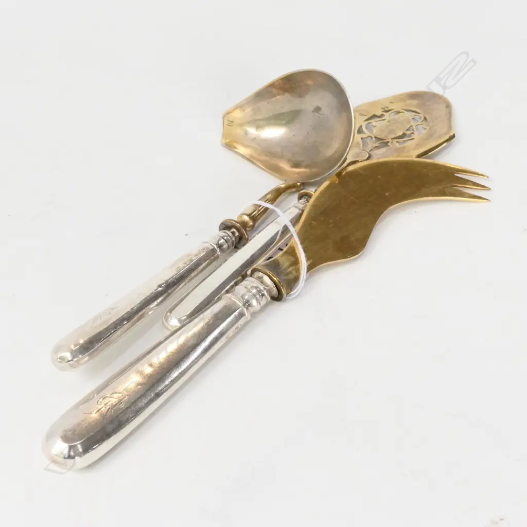 CONTINENTAL .875 SILVER AND GILT SERVING UTENSILS - SLICE / LADLE / CHEESE KNIFE C. 1900 Image 1++