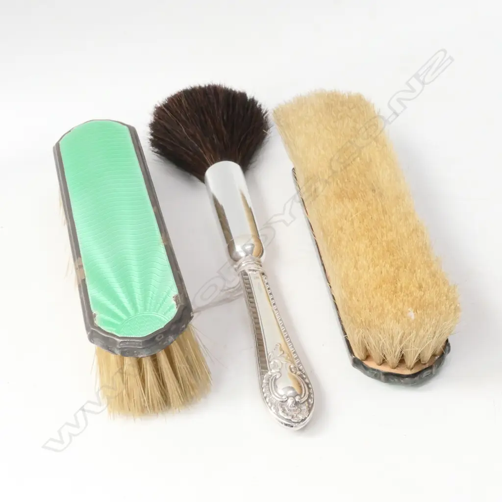 3 STERLING RIMMED BRUSHES, 2 W ENAMEL BACKS Image 1++