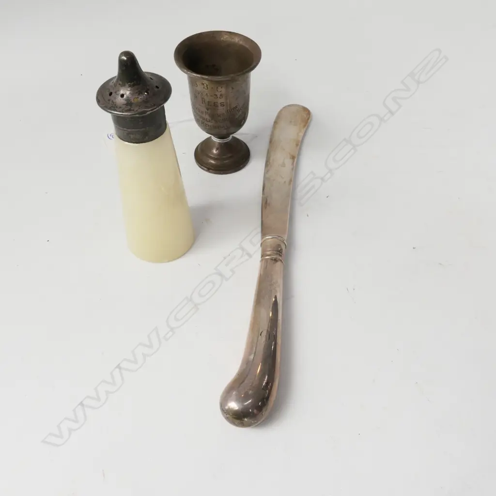 3 STG SILVER PCES; TROPHY, SHAKER, PATE KNIFE Image 1++