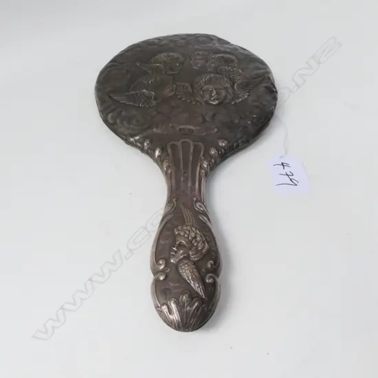 STERLING SILVER BACKED MIRROR WITH ANGEL DECORATION DECORATION IN RELIEF L.260MM 18963