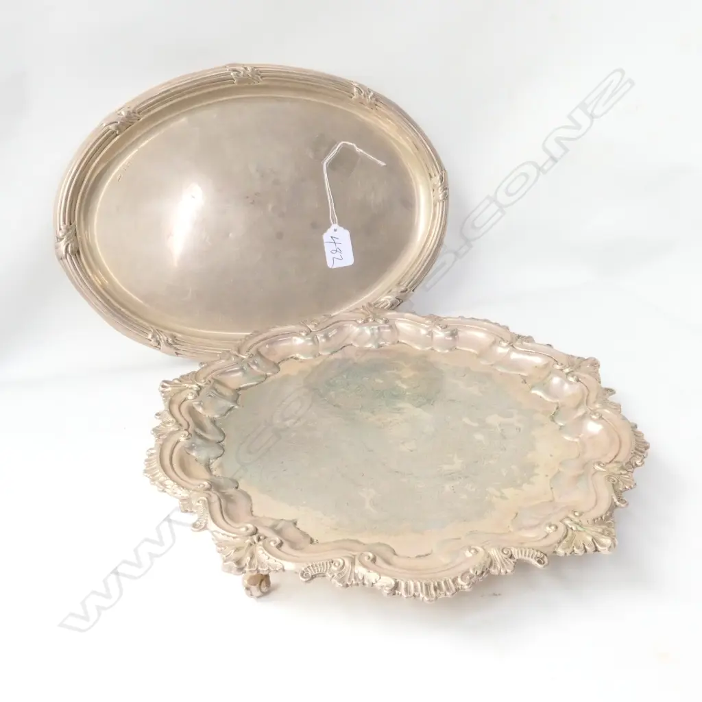 OVAL STG SILVER TRAY; BIRMINGHAM 1910, 335MM L AND 3 FOOTED EP SALVER Image 1++