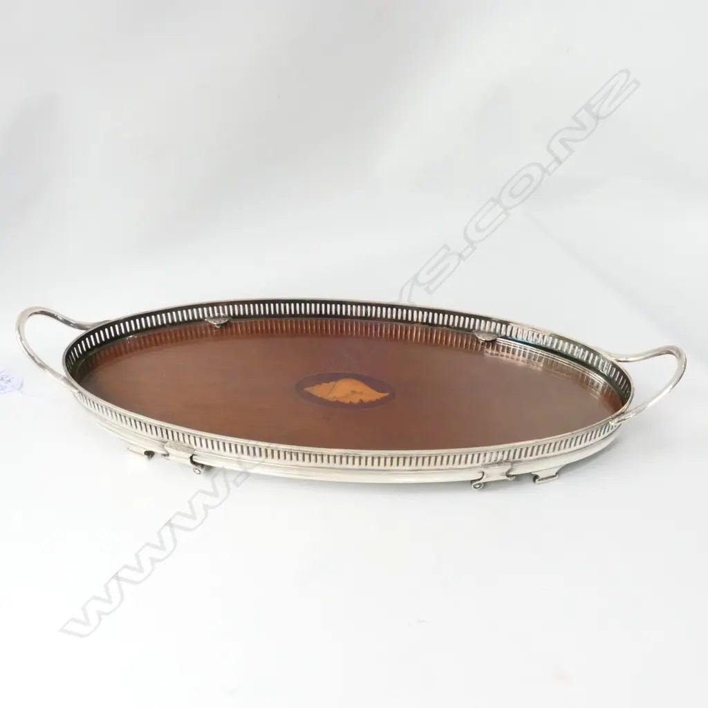 EDWARDIAN MAHOGANY OVAL INLAID TRAY WITH PLATED PIERCED GALLERY L.450MM  Image 1++