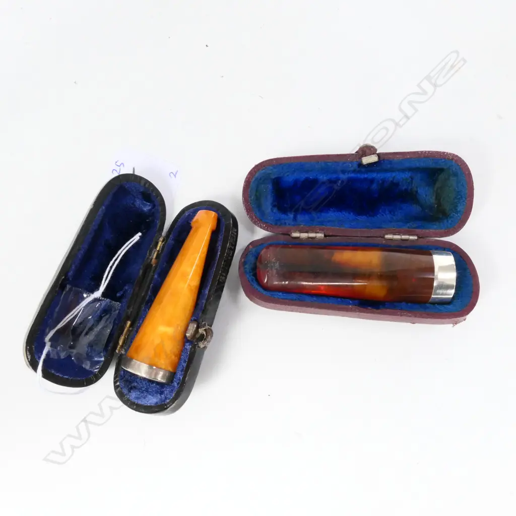 TWO AMBER AND SILVER MOUNTED CIGAR HOLDERS IN CASES - BIRMINGHAM 1901 Image 1++
