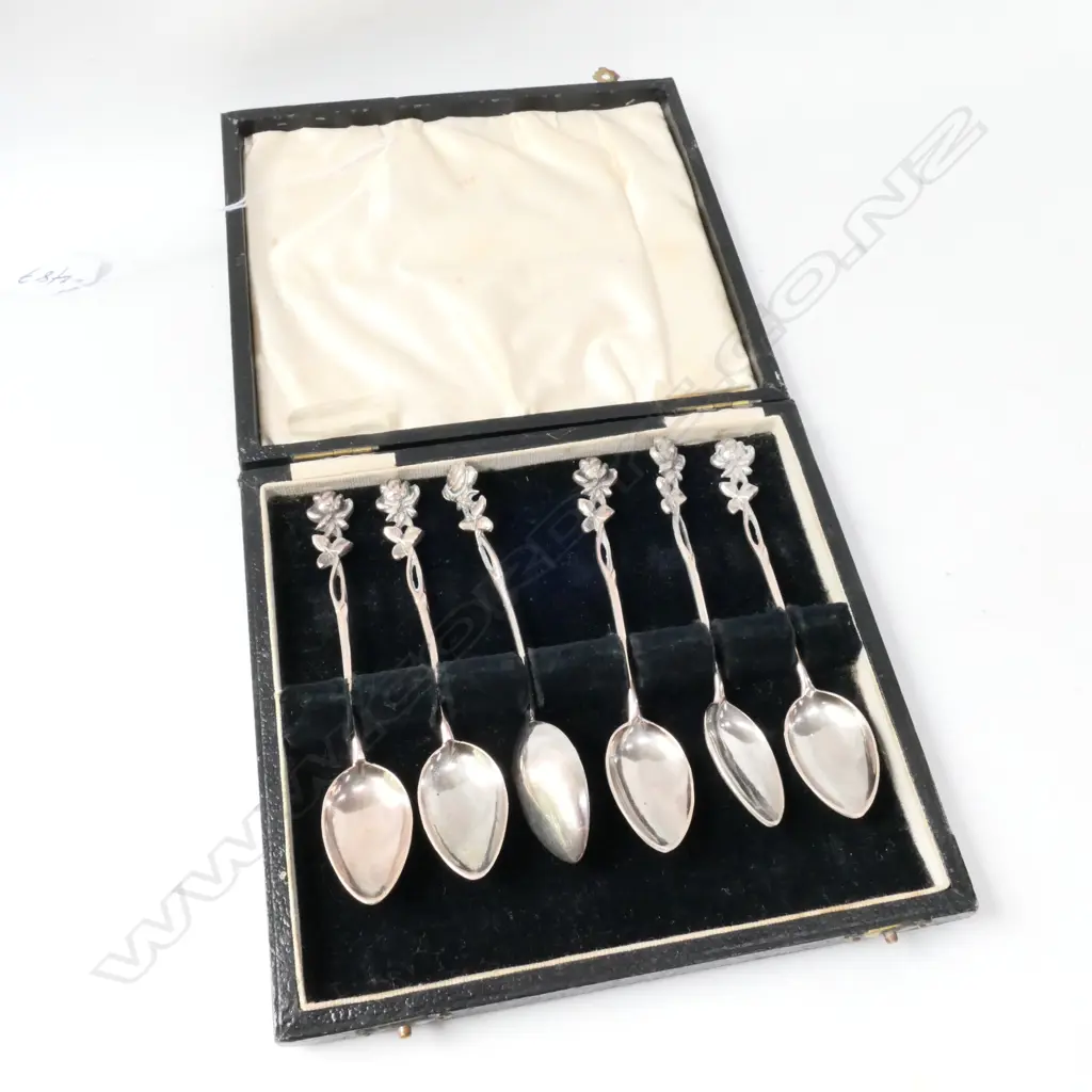 CASED SET 6 SILVER 'ROSES' TEASPOONS STAMPED 400 Image 1++