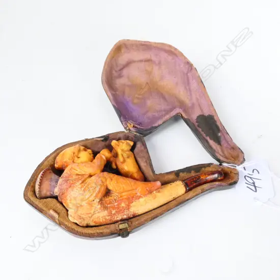 MEERSCHAUM PIPE - CARVED W VICT. CIRCUS BOY AND DOG - AMBER STEM AND LEATHER CASE W. 110MM