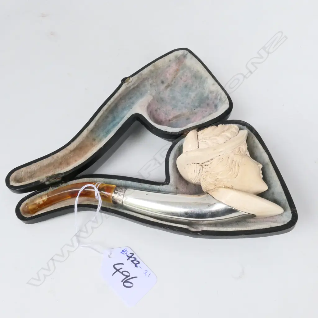 CARVED MEERSCHAUM AND STG PIPE W/ AMBER STEM -  LADY WEARING BONNET - HALLMARKED CHESTER 1906 W. 170MM Image 1++