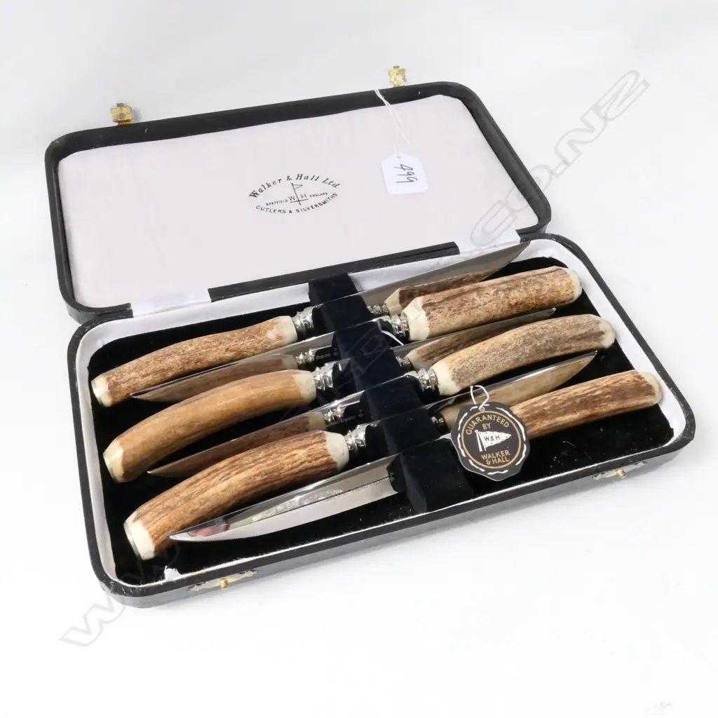 6 ENGLISH SHEFFIELD WALKER & HALL KNIVES WITH ANTLER HANDLES IN CASE 18891 Image 1++