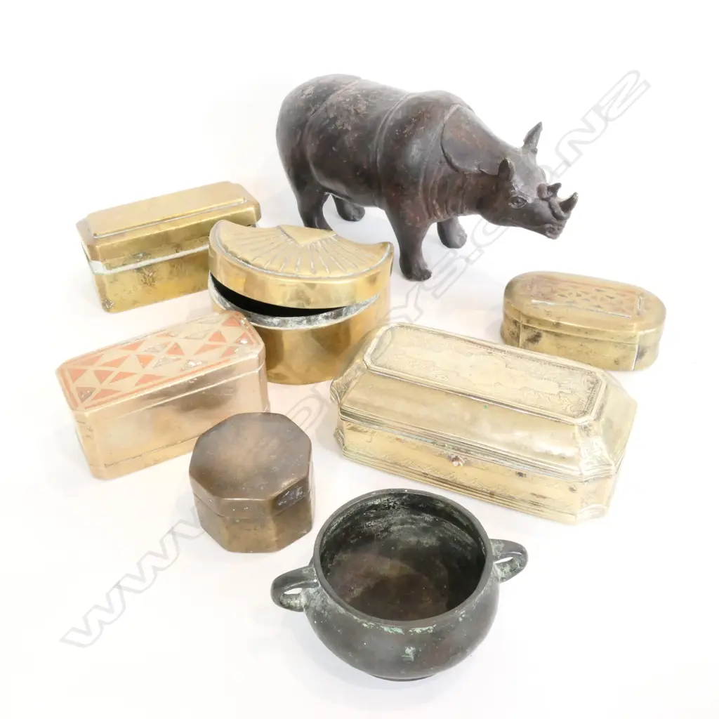 COLLECTION OF INDONESIAN INCENSE BOXES, BRASS RHINO Image 1++