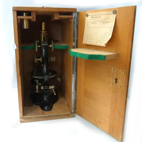 BRASS AND METAL MICROSCOPE, CASED 370MM W 18973