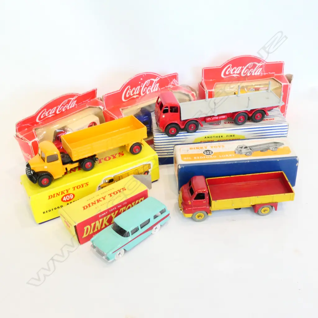 3 DINKY FLAT DECK TRUCKS, CAR AND 3 COCA COLA DIE CAST COLLECTIBLES ALL IN PACKAGING Image 1++