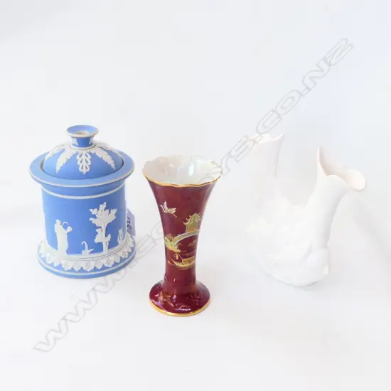 JASPERWARE HUMIDOR/ CROWN LYNN TWIN NECK VASE AF + CARLTONWARE VASE AF 