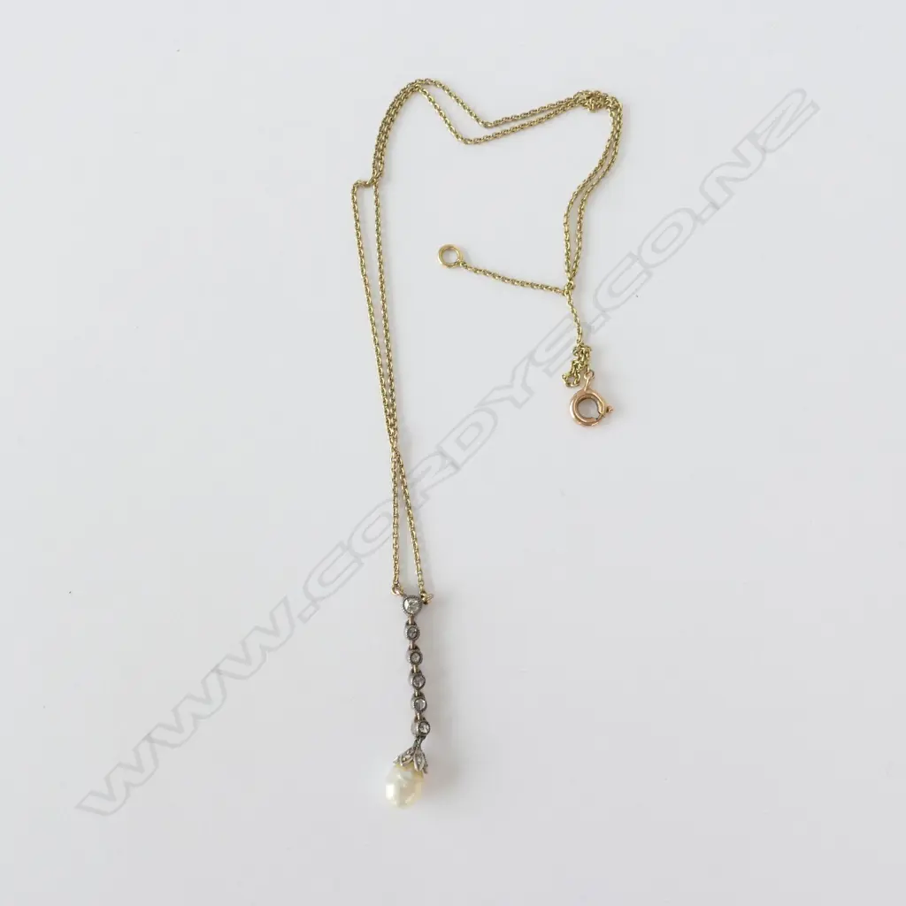 19THC SILVER/GOLD DROP WITH OLDCUT DIAMONDS & PEARL w GOLDTONE CHAIN Image 1++
