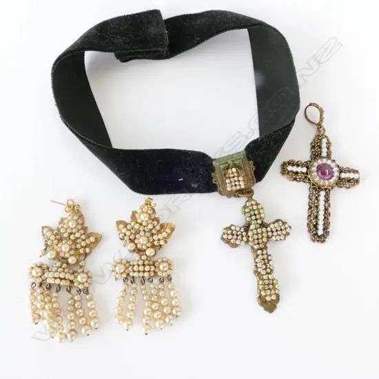 COSTUME PEARL CROSSES AND EARRINGS