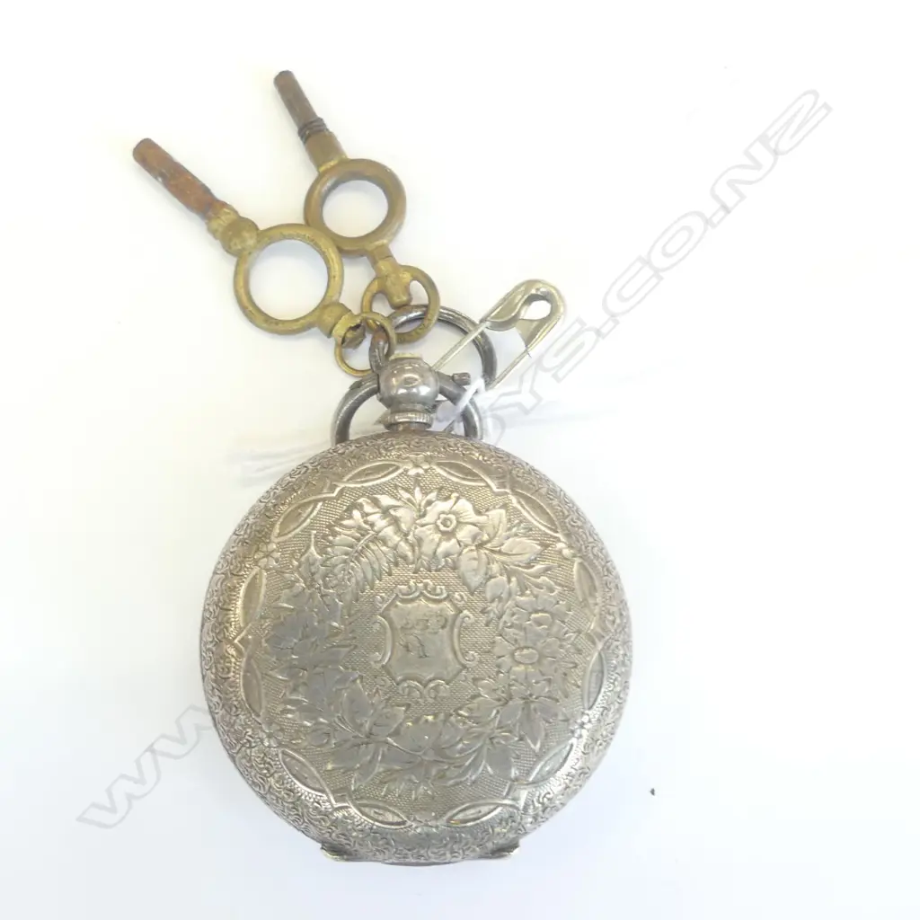 EDWARDIAN S/SILVER POCKET WATCH, ENGRAVED CASE + KEYS Image 1++