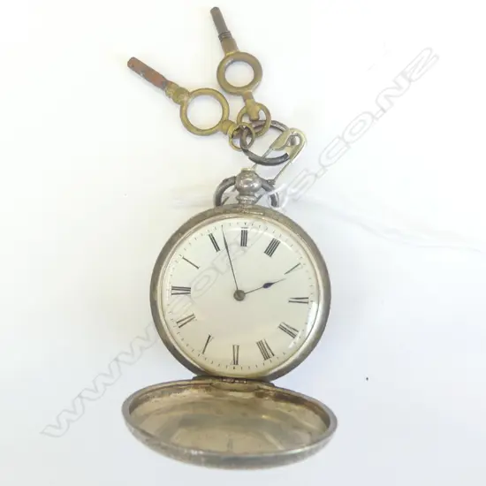 EDWARDIAN S/SILVER POCKET WATCH, ENGRAVED CASE + KEYS