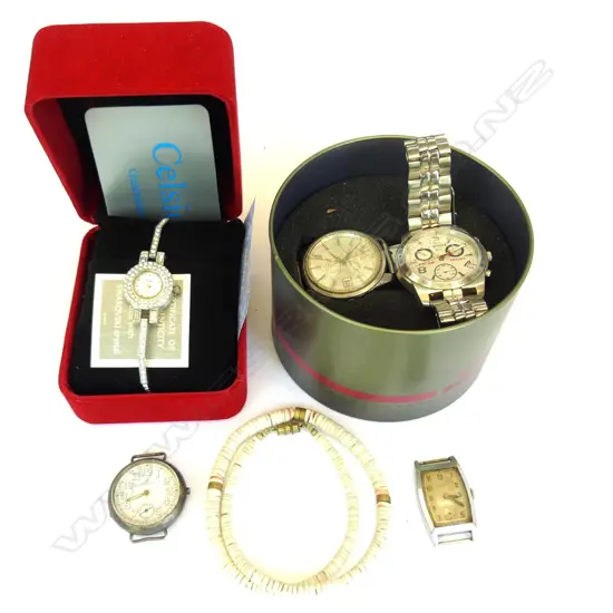 5 WRISTWATCHES + SHELL NECKLACES....