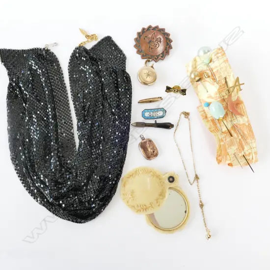 OROTON STYLE COLLAR, HATPINS, MINI SOLDERING IRON, IVORINE MIRROR ETC