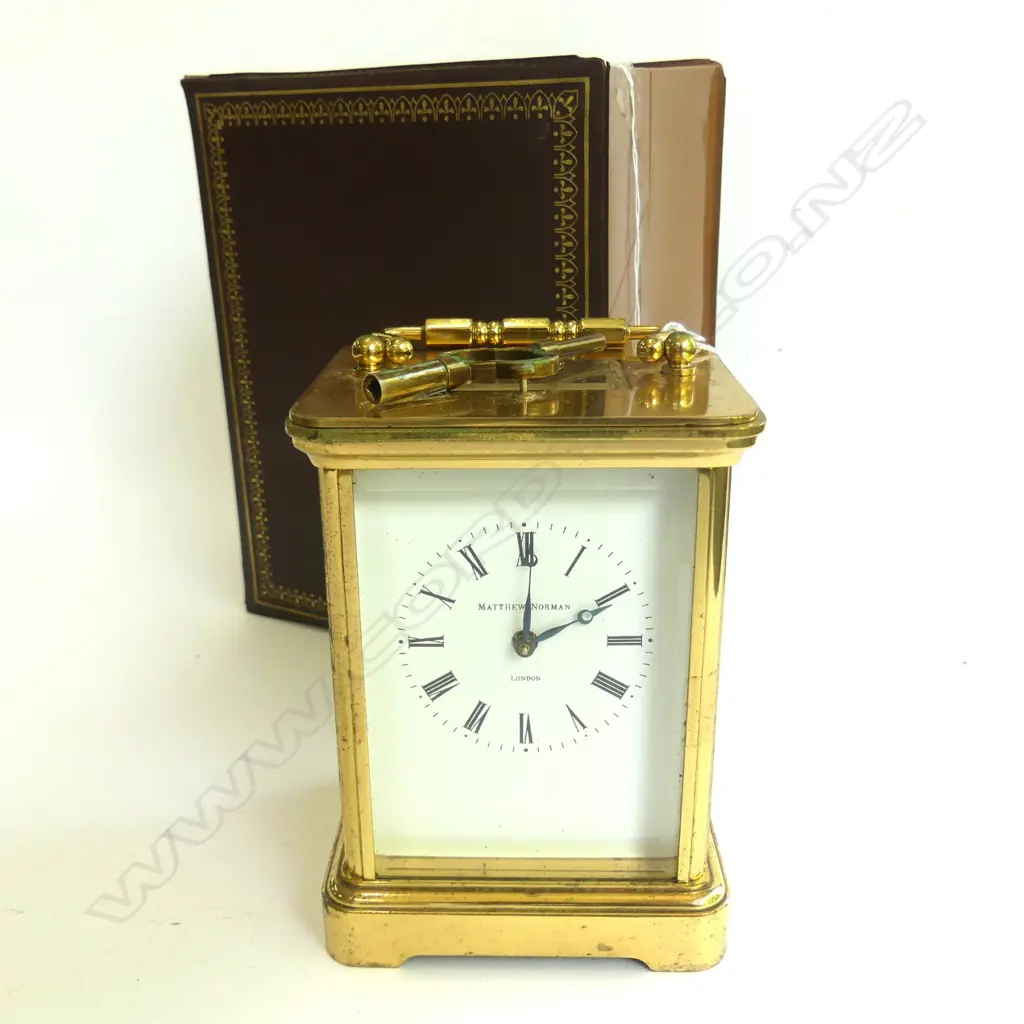 ENGLISH MATHEW NORMAN CARRIAGE CLOCK H.135MM WITH KEY IN ORIGINAL BOX 18977 Image 1++
