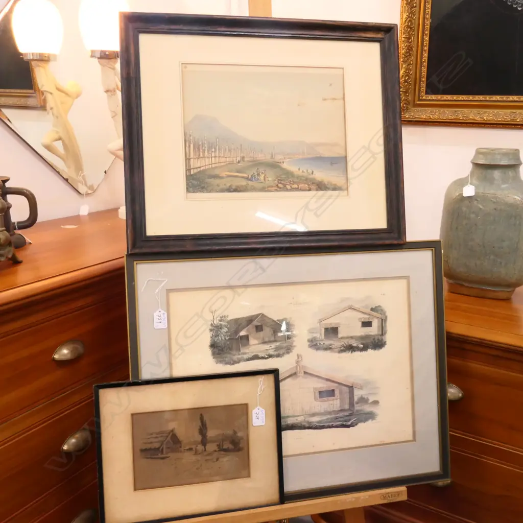 3 PICTURES; E. W. PAYTON ROTORUA ETCHING, GEORGE FRENCH ANGAS COASTAL SCENE PRINT, FRENCH PRINT OF 3 MAORI HUTS 500X640  Image 1++