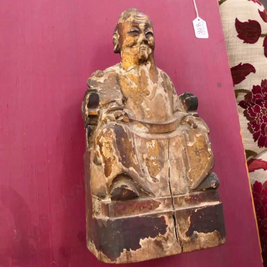 MOUNTED CARVED WOODEN CHINESE EMPEROR FIGURE Image 1++