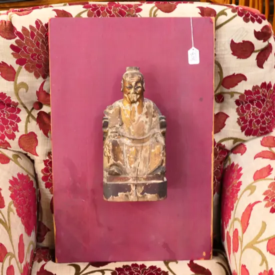 MOUNTED CARVED WOODEN CHINESE EMPEROR FIGURE