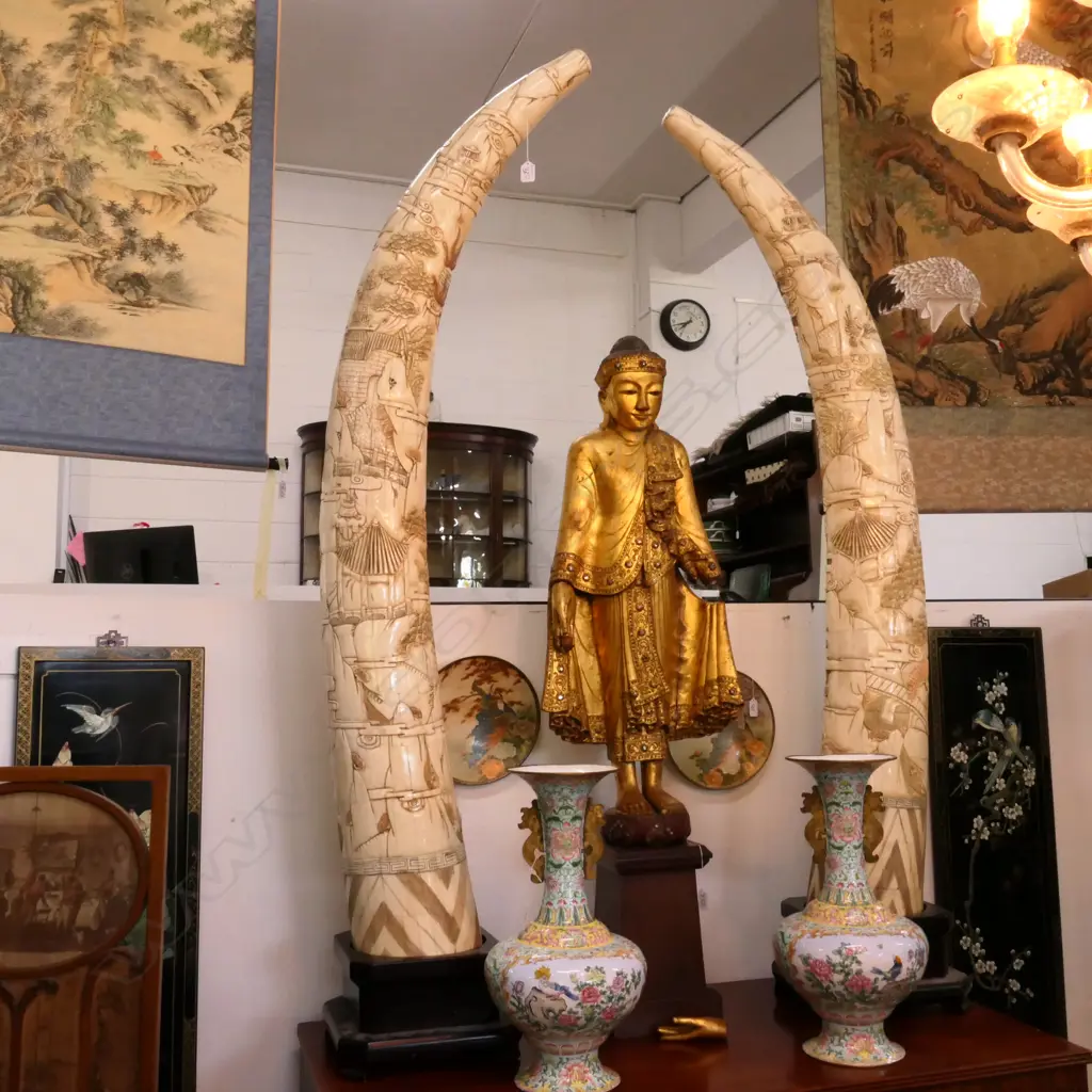 PR CARVED SECTIONAL BONE TUSK FORM SCULPTURES ON STANDS - H. 1570MM Image 1++