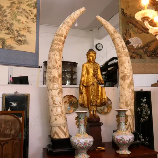 PR CARVED SECTIONAL BONE TUSK FORM SCULPTURES ON STANDS - H. 1570MM