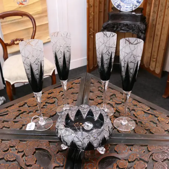 SET OF 4X ART DECO BOHEMIAN STYLE CHAMPAGNE GLASSES & ASHTRAY  