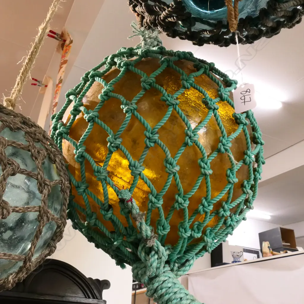 OLD LARGE GLASS FISHING FLOAT WITH NETTING... Image 1++