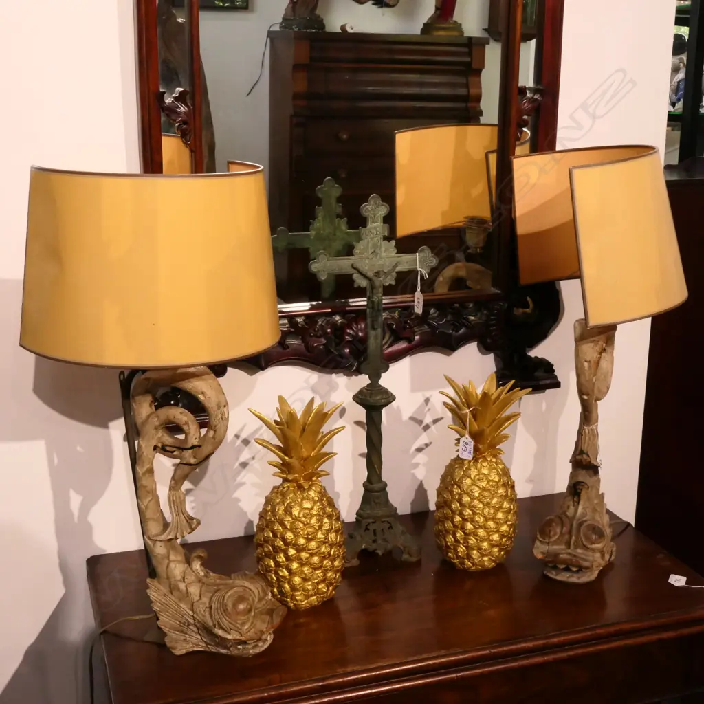 PR 19thC CARVED WOODEN FISH LAMPS Image 1++