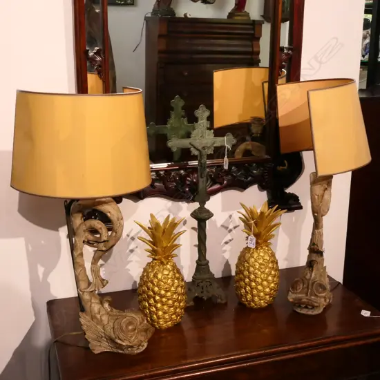 PR 19thC CARVED WOODEN FISH LAMPS