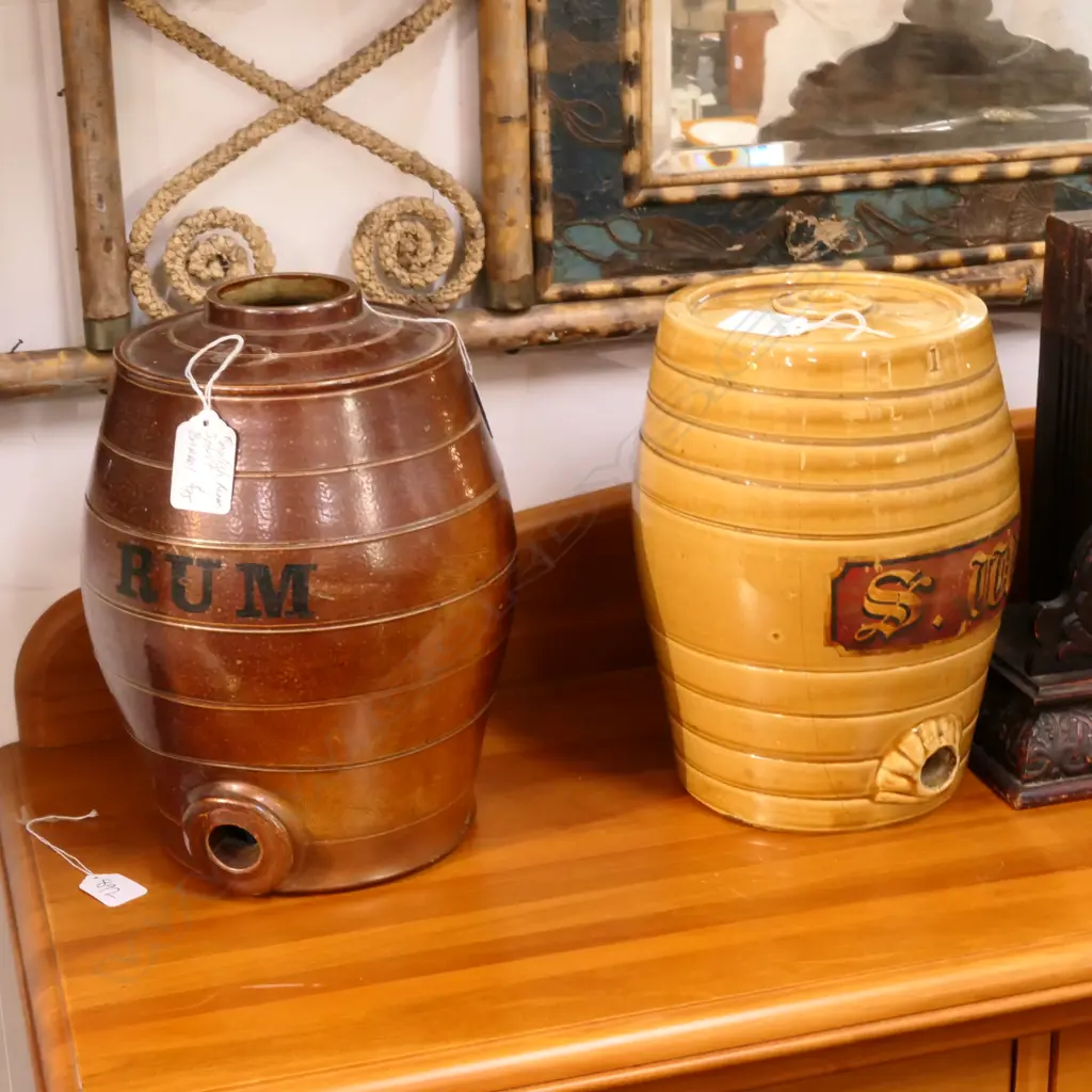 2 VICTORIAN CERAMIC KEGS; 'SW' AND 'RUM' 300MM H Image 1++