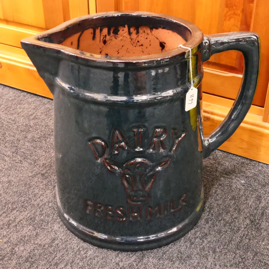DARK GLAZED LGE JUG 'DAIRY FRESHMILK' H. Image 1++