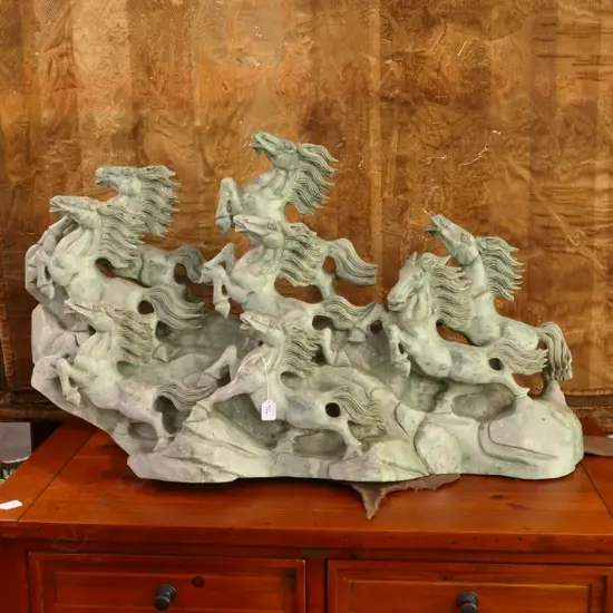 VERY LGE CHINESE CARVED JADE 8 HORSE GROUP...