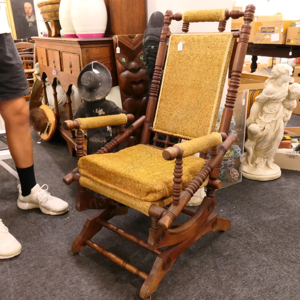 VICTORIAN PLATFORM ROCKING CHAIR, W ORIGINAL UPHOLSTERY Image 1++