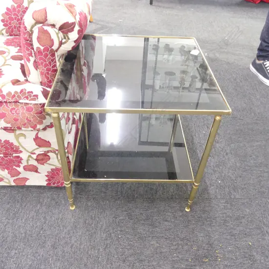 PR OF BRASS LAMP TABLES w SMOKEY GLASS SHELVES. 