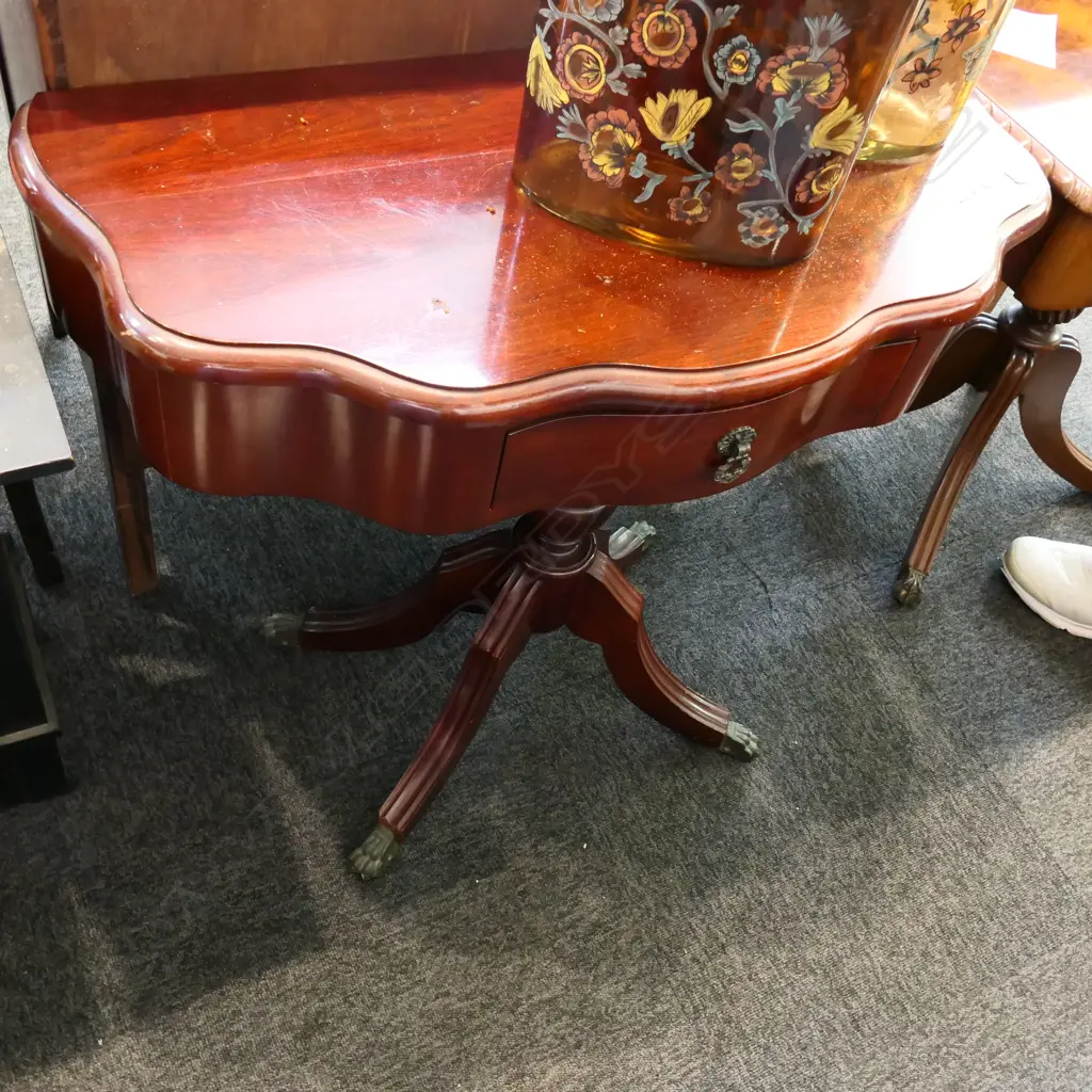 MAHOGANY SERPENTINE ONE DRAWER TABLE w PEDESTAL BASE Image 1++