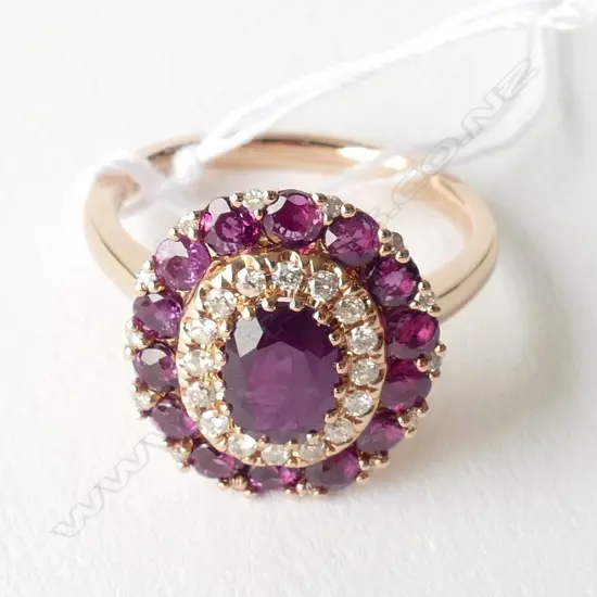 "14ct Rose gold Ruby and Diamond double halo ring featuring centre
