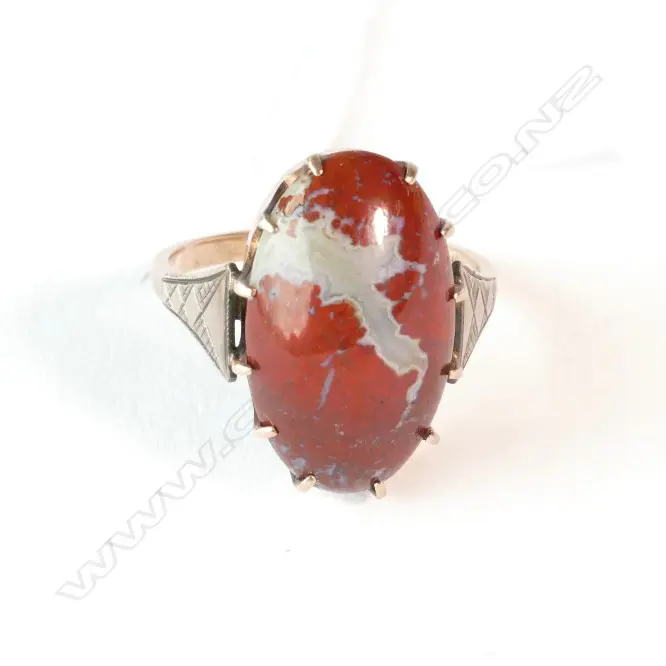 9CT ROSE & WHITE GOLD JASPER RING ART DECO 3.2GMS Image 1++