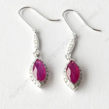 14ct White Gold Ruby and Diamond drop earrings featuring centre Image 1++