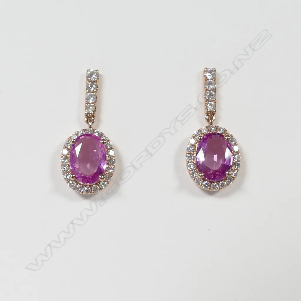 14ct Rose Gold Pink Sapphire and Diamond halo drop earrings featuring centre Image 1++