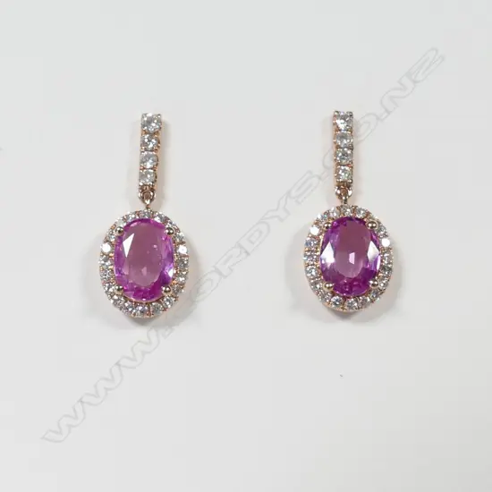 14ct Rose Gold Pink Sapphire and Diamond halo drop earrings featuring centre