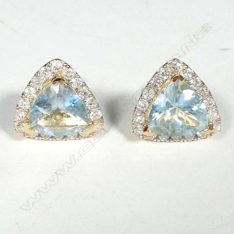 14ct Yellow Gold Aquamarine and Diamond stud earrings featuring Image 1++