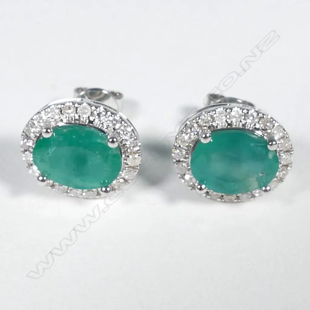 14ct White Gold Emerald and Diamond stud earrings featuring Image 1++