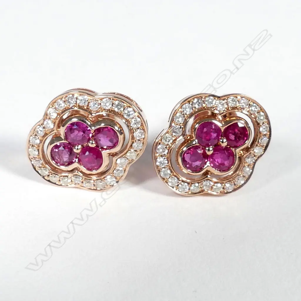 14ct Rose Gold Ruby and Diamond earrings featuring centre Image 1++