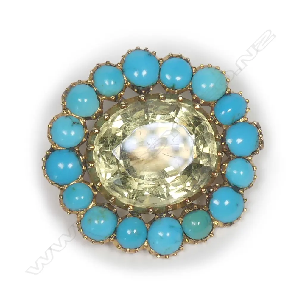 VICT GOLD TURQUOISE CITRINE BROOCH BOXED Image 1++