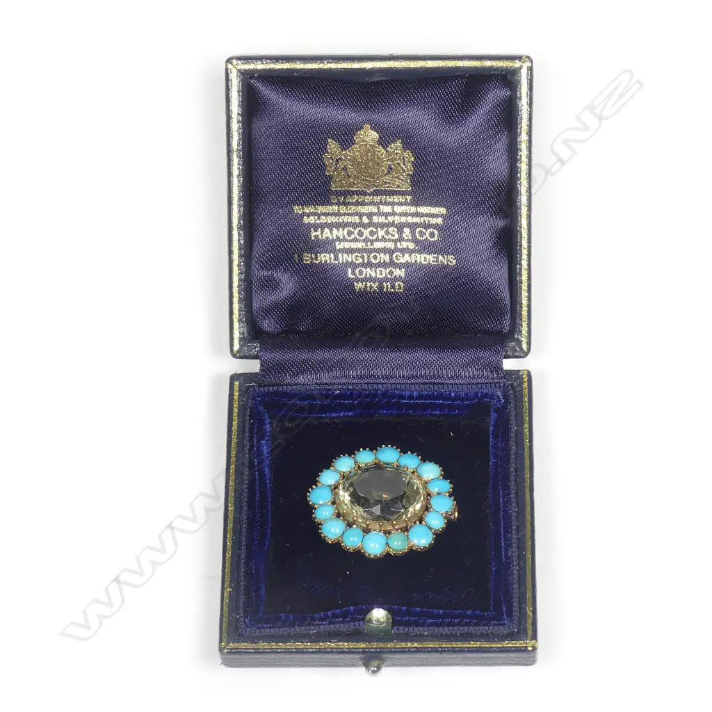 VICT GOLD TURQUOISE CITRINE BROOCH BOXED Image 1++