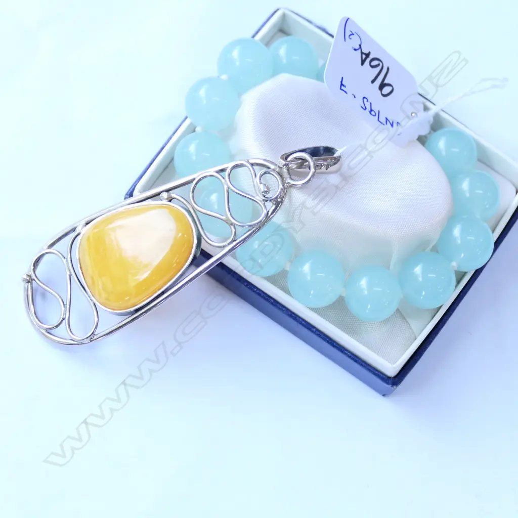 S SCROLL AMBER INSET SILVER PENDANT + BEADED BRACELET Image 1++