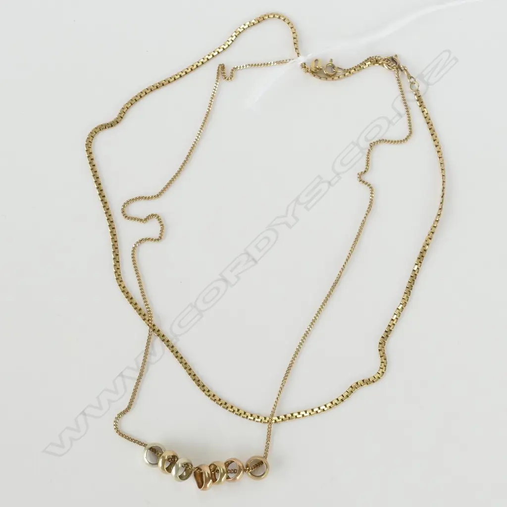 2 9CT Y/GOLD CHAINS + 7 9ct SM RING PENDANTS 10.1gm total Image 1++