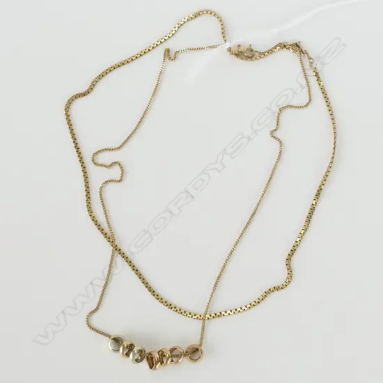 2 9CT Y/GOLD CHAINS + 7 9ct SM RING PENDANTS 10.1gm total